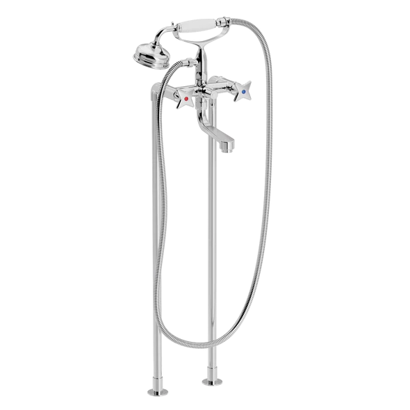 Kryssgrep badekar- og dusjarmatur på gulvsøyler med klassisk hånddusjsett