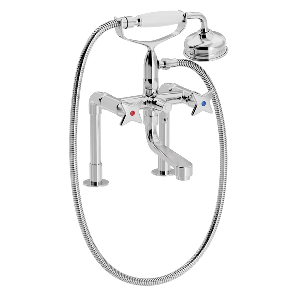 [TC27.833MT888] Kryssgrep badekar- og dusjarmatur på lave søyler med hånddusjsett (Bronsert messing)