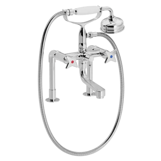 Kryssgrep badekar- og dusjarmatur på lave søyler med hånddusjsett